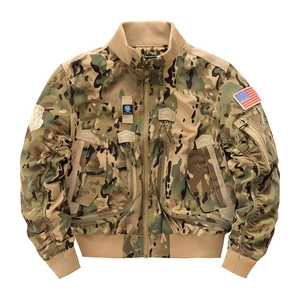 Men's camouflage bomber jacket with tactical multi-pockets and flag patch on pure background