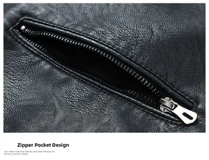 Close-up of black leather jacket featuring silver metal zipper pocket and grainy texture