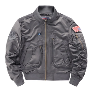 Men's dark gray flight bomber jacket with tactical patches and multi-pocket details