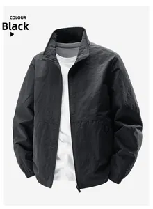 Close-up of black men's jacket featuring a stand collar and subtle fabric texture