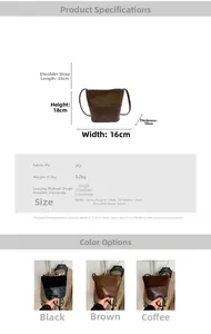Detailed size specifications and color options for the vintage PU leather bucket bag
