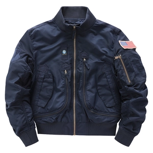 Dark blue military flight bomber jacket with tactical patches and functional pockets