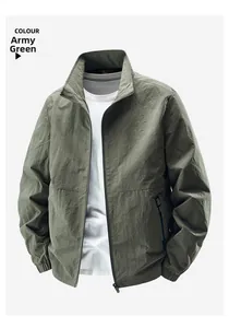 Detail of army green lightweight jacket featuring ribbed cuffs and stand-up collar