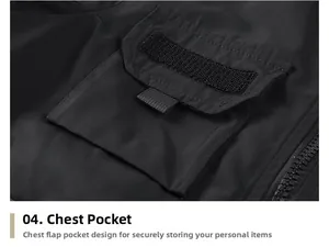 Detail of chest pocket with flap and velcro on black water-resistant bomber jacket