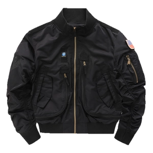 Tactical black flight bomber jacket with military patches and multiple zipper pockets