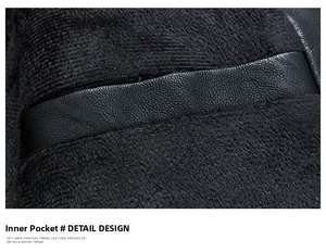 Detail view of the deep black leather jacket with warm fleece lining and inner pocket