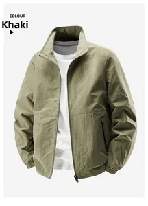 Close-up of khaki lightweight stand collar jacket with windproof fabric and elastic cuffs