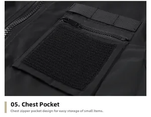 Detail of the chest zipper pocket with velcro patches on a black tactical bomber jacket
