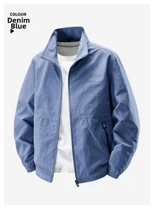 Detail of blue stand collar casual jacket showing windproof fabric and hidden zip pocket