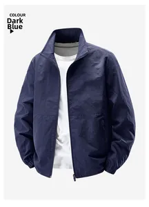 Detailed view of the navy blue stand-collar jacket with windproof fabric texture