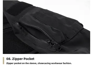 Close-up of utility flight jacket sleeve featuring tactical zipper pocket and velcro patch