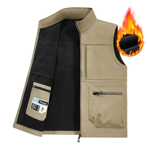 Men's khaki outdoor multi-pocket vest with windproof stand collar and warm fleece lining