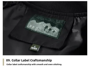 Macro detail of military-style collar label with Free Spirit logo and mountain design