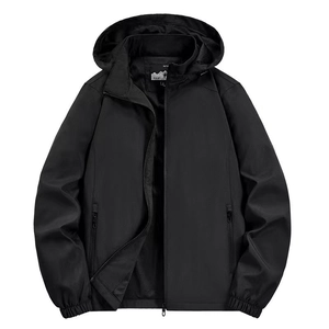 Men's outdoor windbreaker hooded jacket in black with zip pockets and elastic cuffs