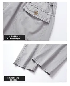 Detail der Gesäßtasche mit Klappe und geradem Saum an grauer Baumwoll-Cargohose