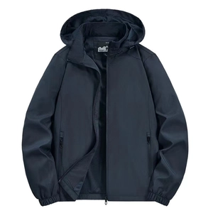 Men's dark blue windproof hooded jacket featuring a standing collar and zipper pockets
