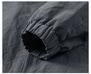 Detail of dark grey jacket with elasticated cuffs and textured zipper pull