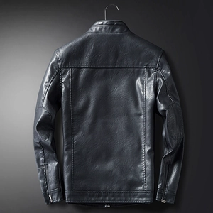 Mens slim fit faux leather jacket in dark blue with elbow patches and biker style back details