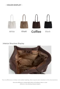Close-up of matte faux leather tote bag interior features and four color options