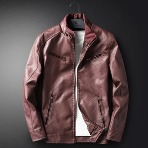 Mens slim fit dark burgundy motorcycle faux leather jacket with stand collar and zipper pockets