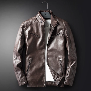 Men's slim fit brown faux leather biker jacket with stand collar and quilted shoulders