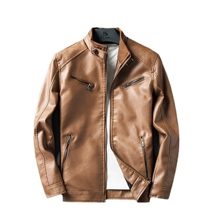 Slim fit men's brown faux leather motorcycle jacket with quilted shoulder details
