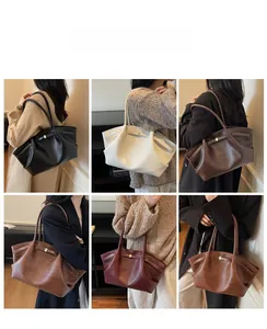 Detail shots of various colored woven texture shoulder bags with gold square buckle