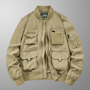 Khaki tactical bomber jacket with multi-pocket design and ribbed cuffs in a flat lay view
