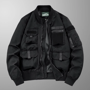 Men's black tactical flight bomber jacket with utility pockets and windproof fabric