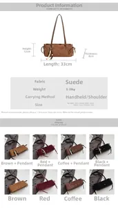 Detailed dimensions and color options for this large suede shoulder bag for women
