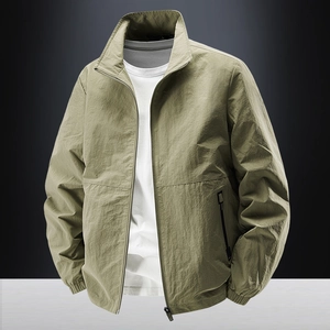 Men's Casual Nylon Stand Collar Jacket Loose Fit Windproof Lightweight Outerwear Jacket With Pockets Spring Autumn Coat
