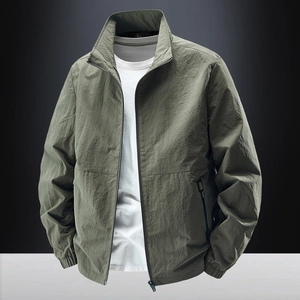 Outdoor olive green men's stand collar casual jacket with windproof fabric
