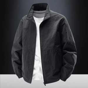 Men's casual black windbreaker jacket with standing collar and elastic cuffs design