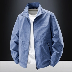 Men's mist blue stand collar windbreaker jacket with side zip pockets and elastic cuffs