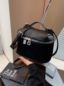 Retro black matte crossbody bag for women with silver hardware and lock pendant detail