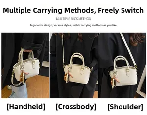 Detailed views of cream faux leather saddle bag used as handbag, crossbody, and shoulder bag