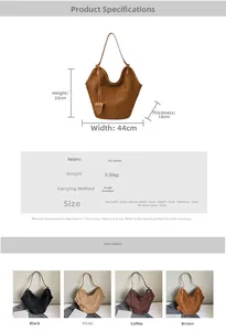 Detailed size chart and dimensions for the large vintage PU suede shoulder tote bag