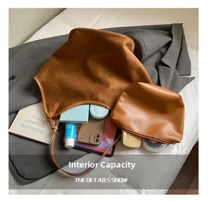 Brown suede tote bag set showing large capacity for laptop, phone and essentials