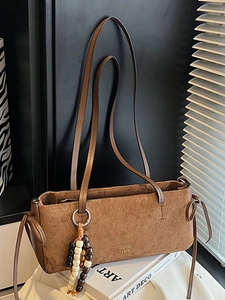 Large Capacity Suede Underarm Bag For Women Vintage Shoulder Bag With Wooden Beaded Pendant Solid Color Commuter Tote Bag