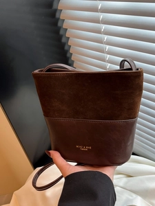 Vintage Patchwork PU Leather Bucket Bag For Women Retro Contrast Color Single Strap Shoulder Crossbody Bag High-End Fashion