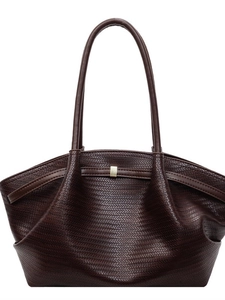 Fashionable dark brown woven texture large tote bag with elegant golden buckle detail