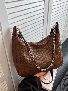 Large Capacity Woven Crossbody Bag For Women Vintage PU Leather Shoulder Hobo Bag With Chain Strap Solid Color Dumpling Bag