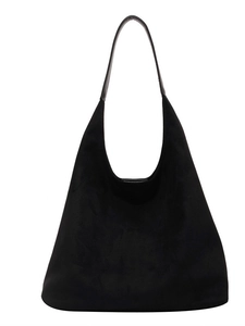 Minimalist black faux suede large tote bag for women with dual leather shoulder straps