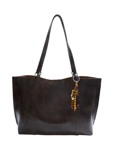 Vintage dark brown large capacity faux leather tote bag with wooden bead charm