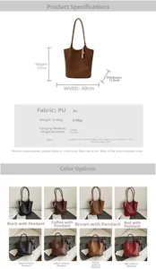 Detailed size chart and multi-color view of woven PU leather tote bag with dimensions
