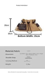 Dettaglio della borsa a secchiello in tela kaki con dimensioni 35x20cm e tracolla