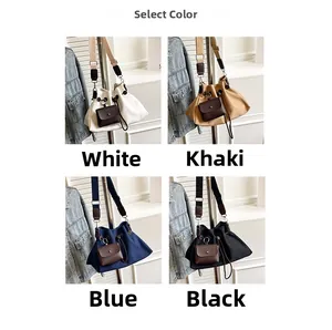 Borsa a secchiello in tela con coulisse e mini pochette in bianco, kaki, blu e nero