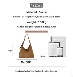 Brown suede tote bag dimensions 30x37x16cm with large capacity for daily essentials