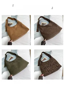 Detailed views of faux suede tote bags in brown, coffee, green and leopard print