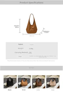 Detailed size guide and material specs for hollow-out PU suede bucket shoulder bag